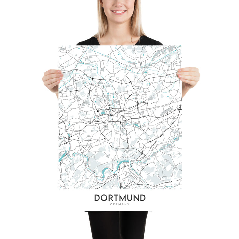 Mapa moderno de la ciudad de Dortmund, Alemania: Westfalenstadion, Signal Iduna Park, Dortmunder U, Zeche Zollern, Kokerei Hansa