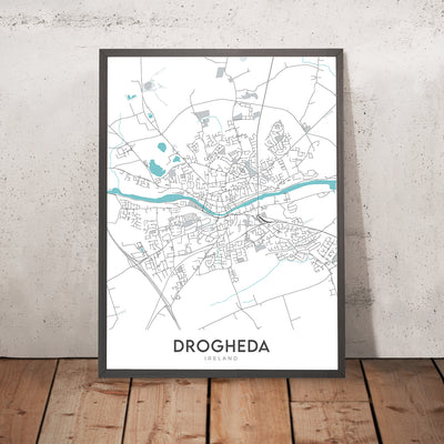 Mapa moderno de la ciudad de Drogheda, Irlanda: Puerta de San Lorenzo, Iglesia de Santa María, Iglesia de San Pedro, Iglesia de San Vicente, Castillo de Termonfeckin