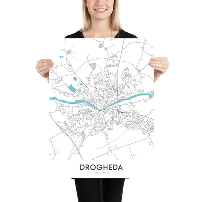 Mapa moderno de la ciudad de Drogheda, Irlanda: Puerta de San Lorenzo, Iglesia de Santa María, Iglesia de San Pedro, Iglesia de San Vicente, Castillo de Termonfeckin