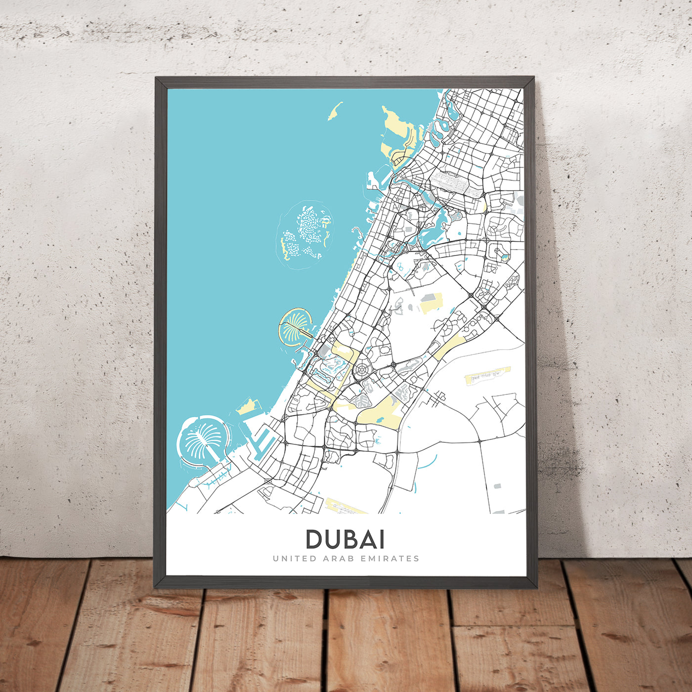 Modern City Map of Dubai, UAE: Burj Khalifa, Palm Jumeirah, Downtown, Marina