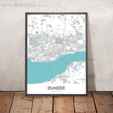 Mapa moderno de la ciudad de Dundee, Escocia: centro de la ciudad, puente ferroviario Tay, ley de Dundee, A90, V&A Dundee