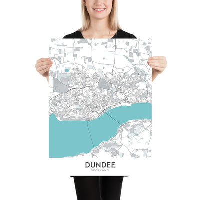 Plan de la ville moderne de Dundee, Écosse : centre-ville, pont ferroviaire de Tay, loi de Dundee, A90, V&A Dundee