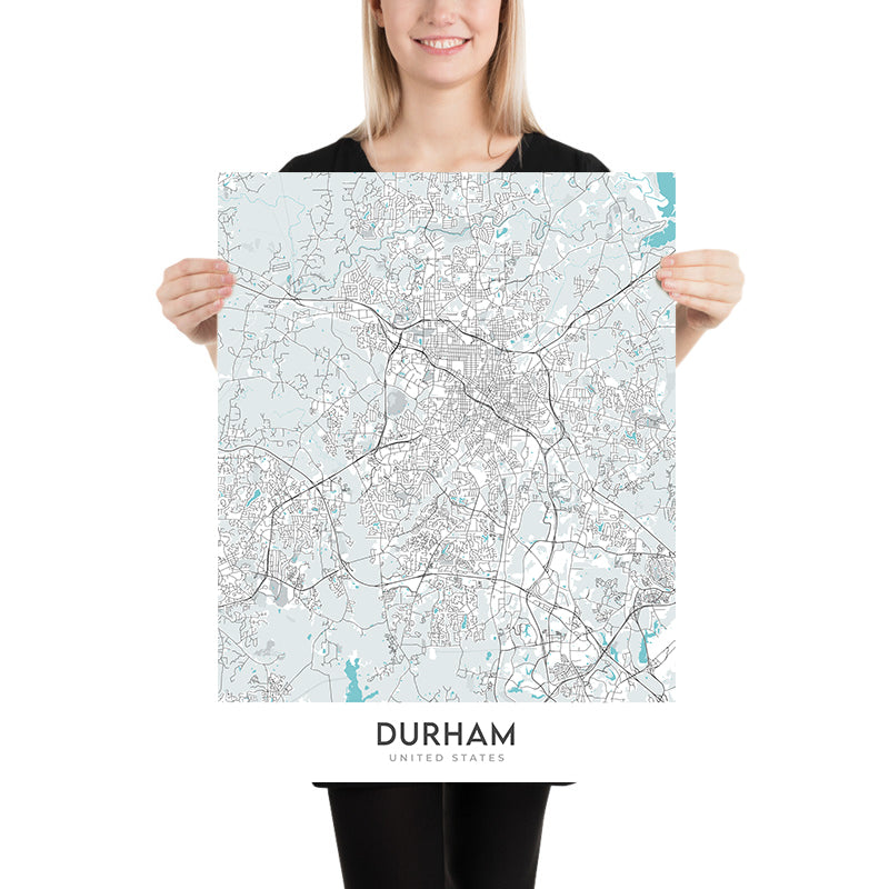 Plan de la ville moderne de Durham, Caroline du Nord : Duke University, American Tobacco Campus, centre-ville, NC Museum of Art, NC Hwy 147