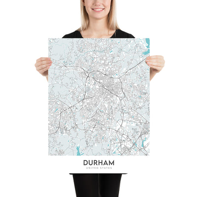 Plan de la ville moderne de Durham, Caroline du Nord : Duke University, American Tobacco Campus, centre-ville, NC Museum of Art, NC Hwy 147
