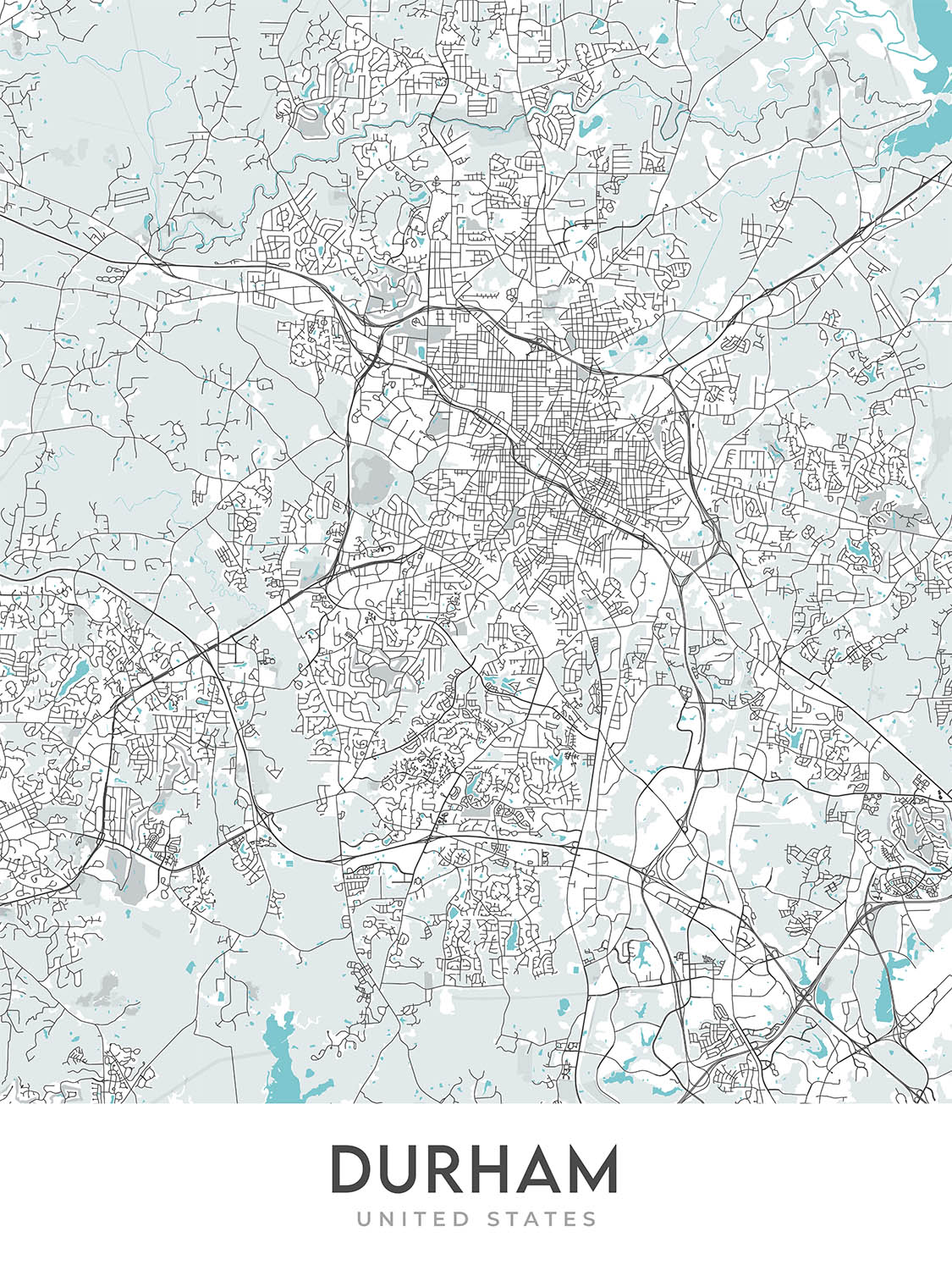 Plan de la ville moderne de Durham, Caroline du Nord : Duke University, American Tobacco Campus, centre-ville, NC Museum of Art, NC Hwy 147