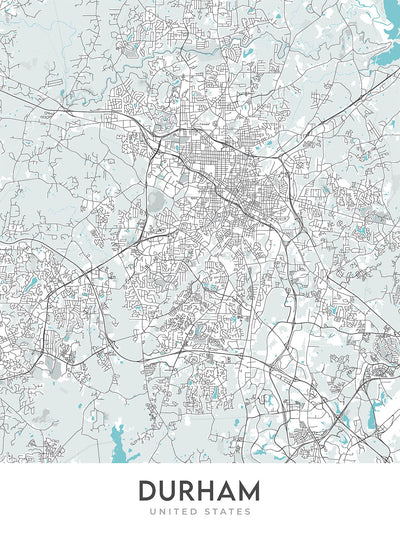 Plan de la ville moderne de Durham, Caroline du Nord : Duke University, American Tobacco Campus, centre-ville, NC Museum of Art, NC Hwy 147