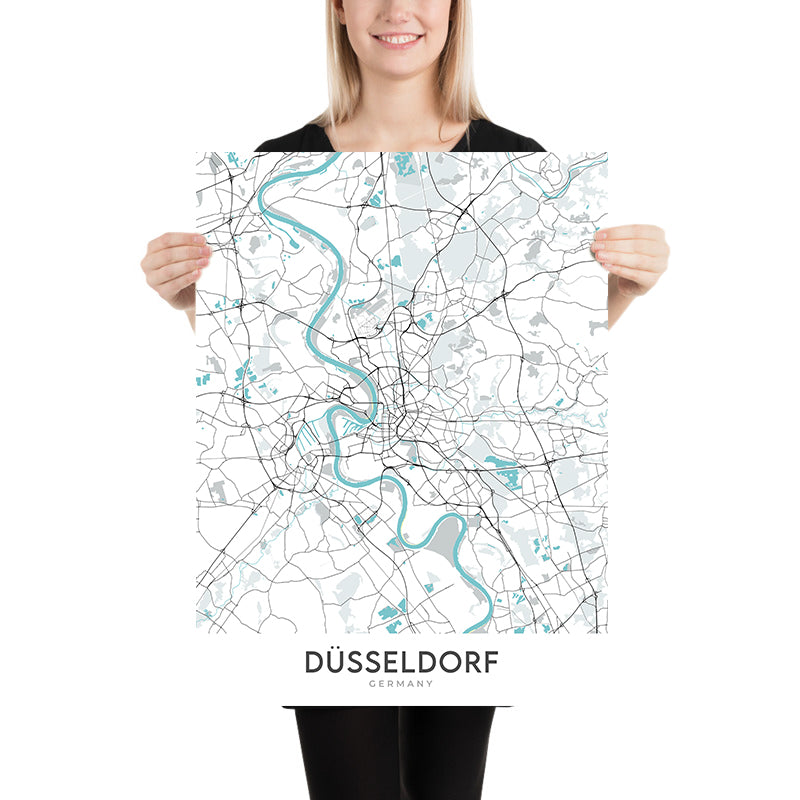 Mapa moderno de la ciudad de Düsseldorf, Alemania: Altstadt, Königsallee, MedienHafen, Rheinturm, Aeropuerto internacional de Düsseldorf