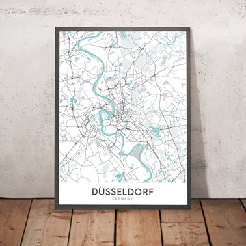 Moderne Stadtkarte von Düsseldorf, Deutschland: Altstadt, Königsallee, MedienHafen, Rheinturm, Flughafen Düsseldorf 