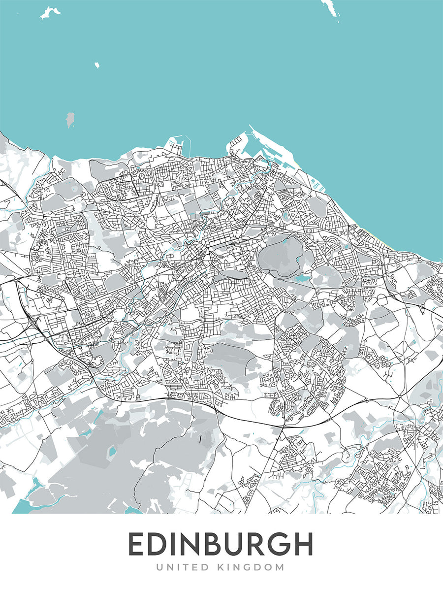 Mapa moderno de la ciudad de Edimburgo, Reino Unido: casco antiguo, casco nuevo, castillo de Edimburgo, Real Jardín Botánico, M8