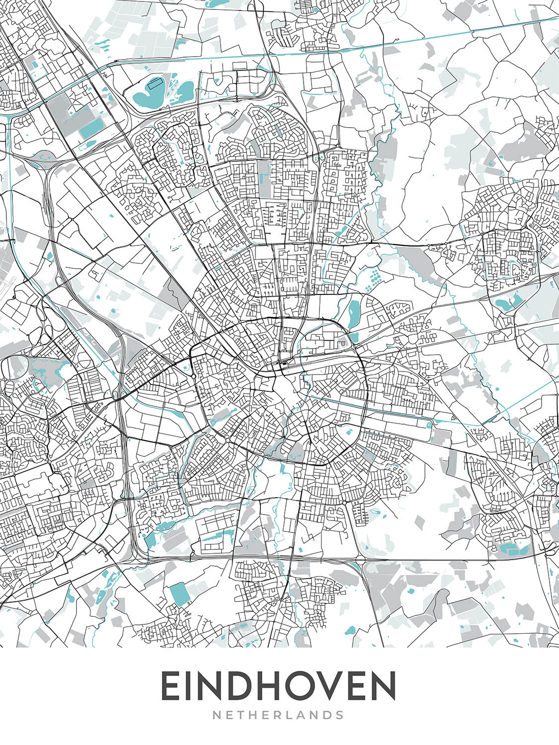 Moderne Stadtkarte von Eindhoven, Niederlande: Zentrum, Philips Stadion, A2, A67, Tongelre 