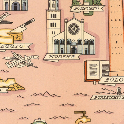 Antigua mapa de Emilia-Romagna de De Agostini, 1938: Bolonia, Ferrara, Módena, Parma, Rímini 