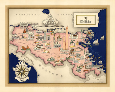 Antigua mapa de Emilia-Romagna de De Agostini, 1938: Bolonia, Ferrara, Módena, Parma, Rímini 