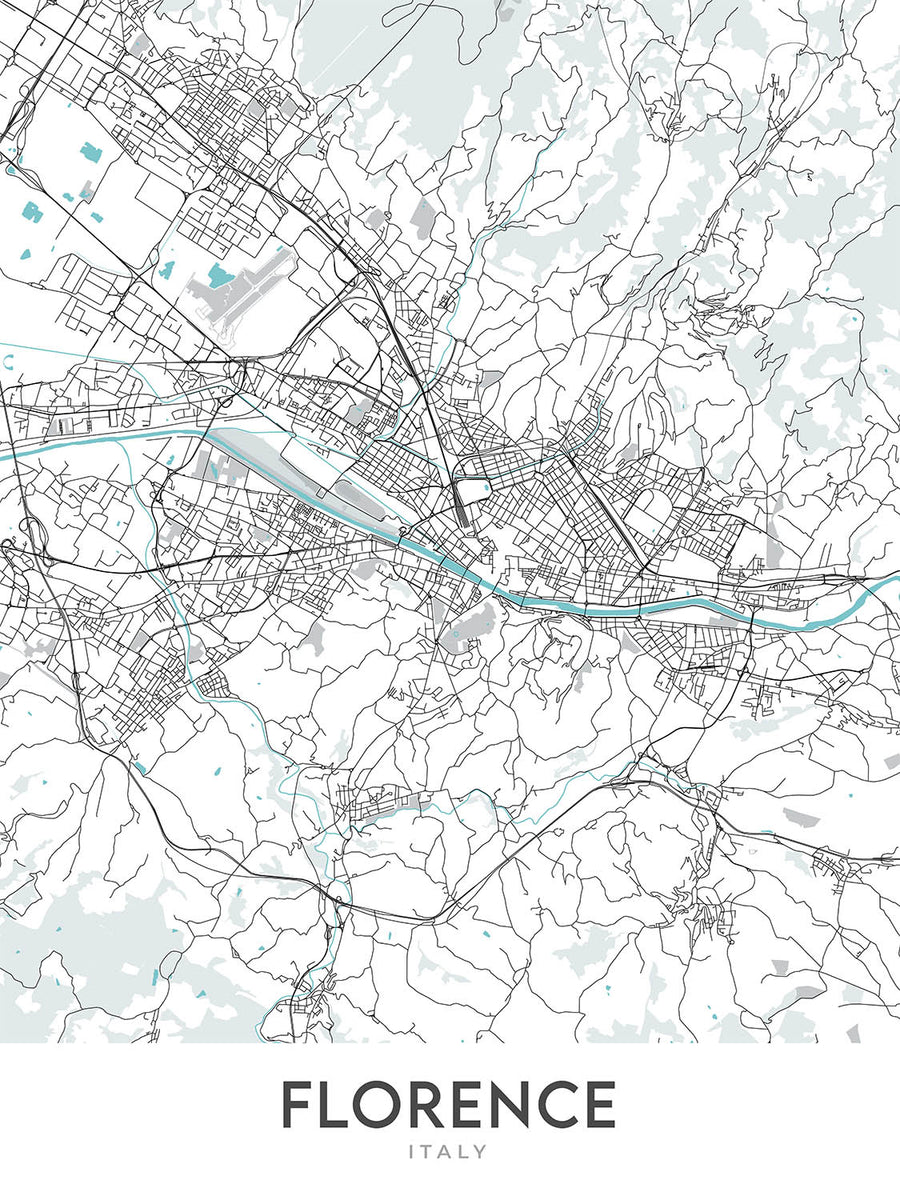 Mapa moderno de la ciudad de Florencia, Italia: Duomo, Uffizi, Ponte Vecchio, Santa Croce, Oltrarno