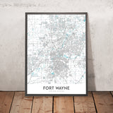 Mapa moderno de la ciudad de Fort Wayne, IN: Centro, IPFW, Parkview, Coliseum Blvd, St Rd 9