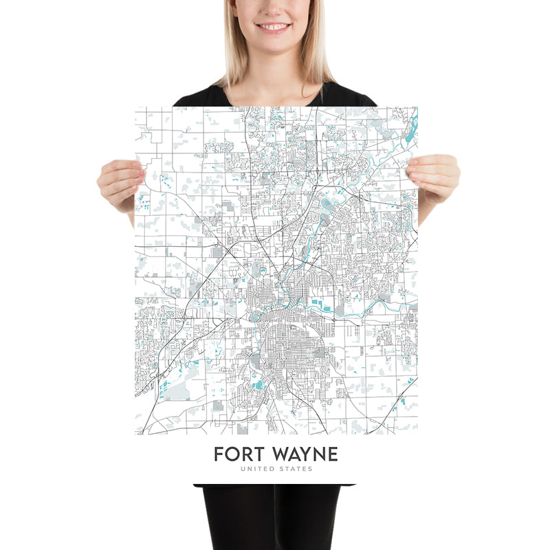 Modern City Map of Fort Wayne, IN: Downtown, IPFW, Parkview, Coliseum Blvd, St Rd 9