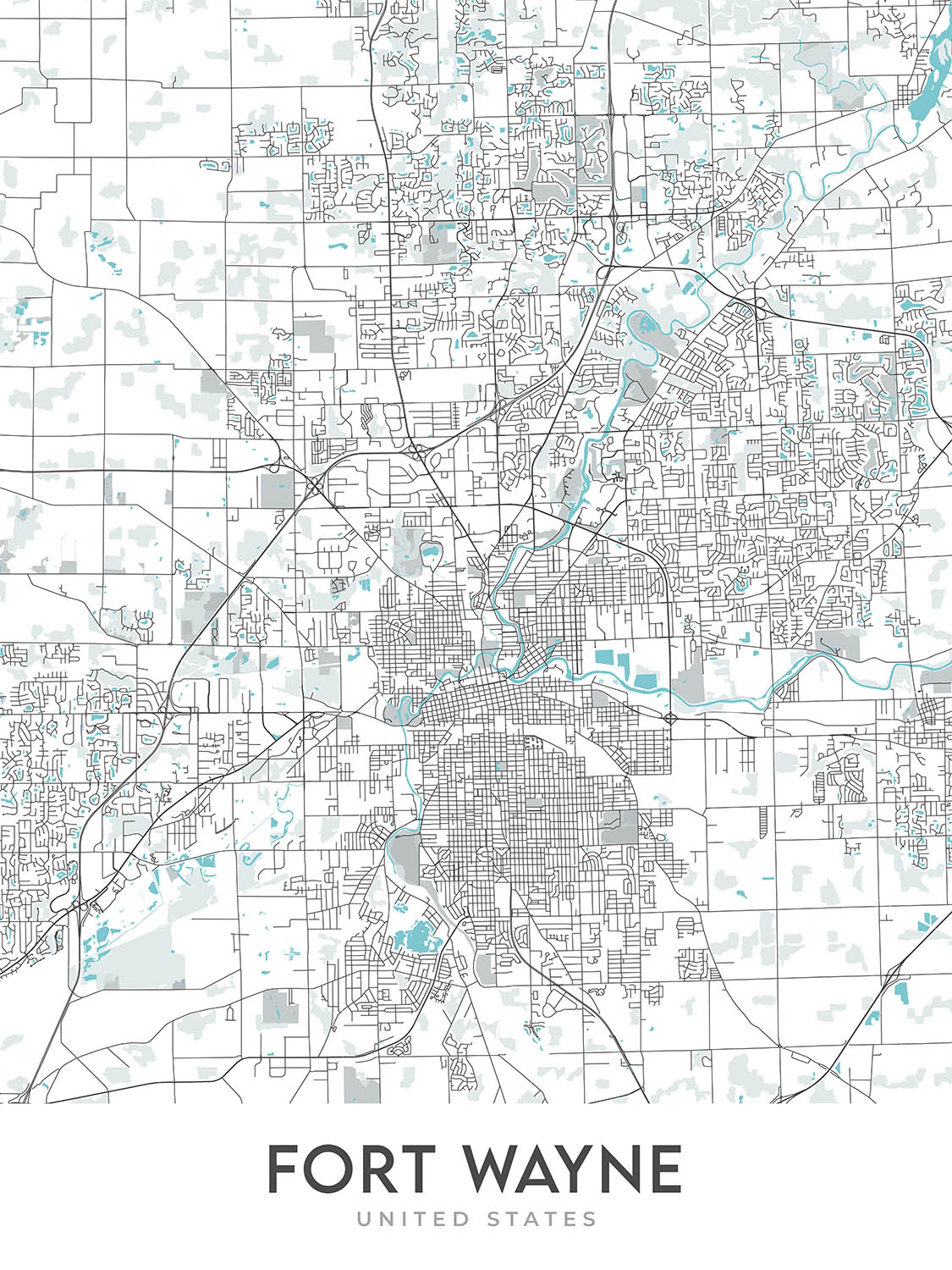 Modern City Map of Fort Wayne, IN: Downtown, IPFW, Parkview, Coliseum Blvd, St Rd 9