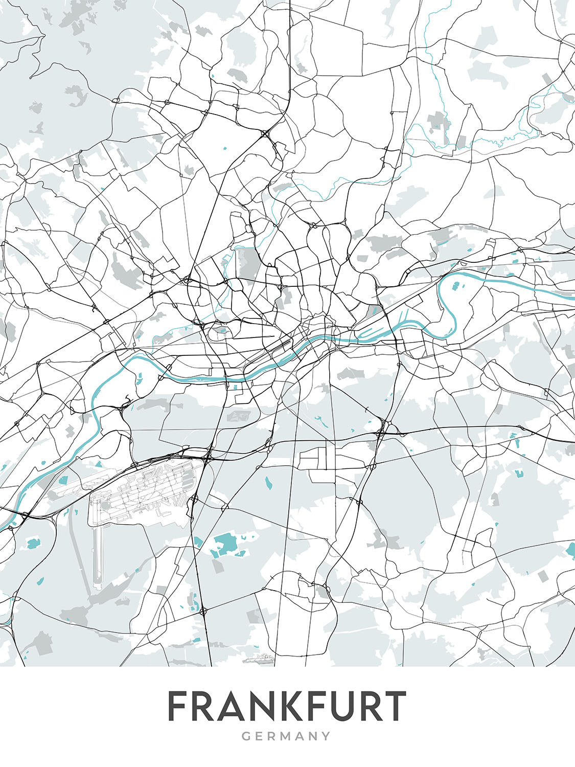 Modern City Map of Frankfurt, Germany: Bahnhofsviertel, Commerzbank Tower, Frankfurt Cathedral, Main River, Sachsenhausen
