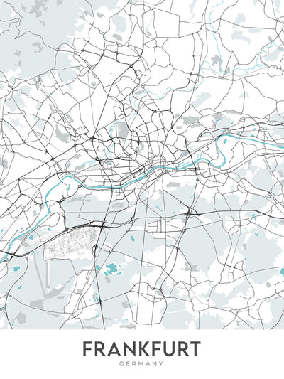 Modern City Map of Frankfurt, Germany: Bahnhofsviertel, Commerzbank Tower, Frankfurt Cathedral, Main River, Sachsenhausen