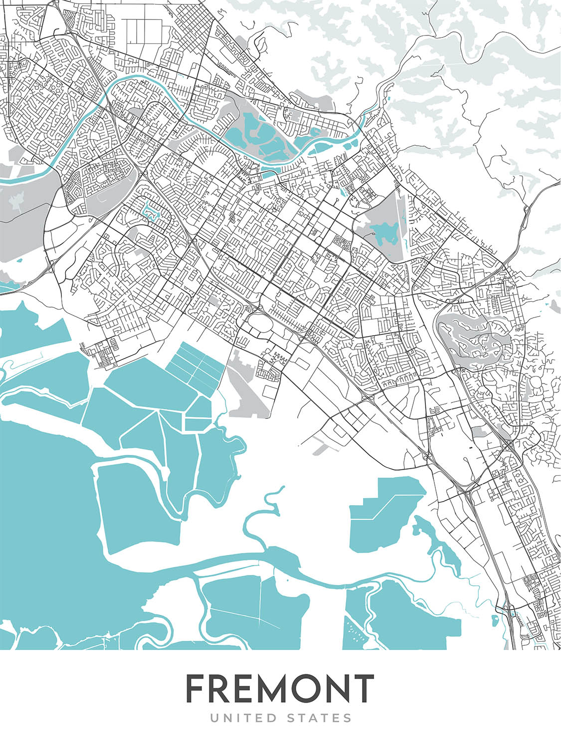 Plan de la ville moderne de Fremont, Californie : Ardenwood, Mission San Jose, Niles Canyon Railway, Tesla Factory, Warm Springs