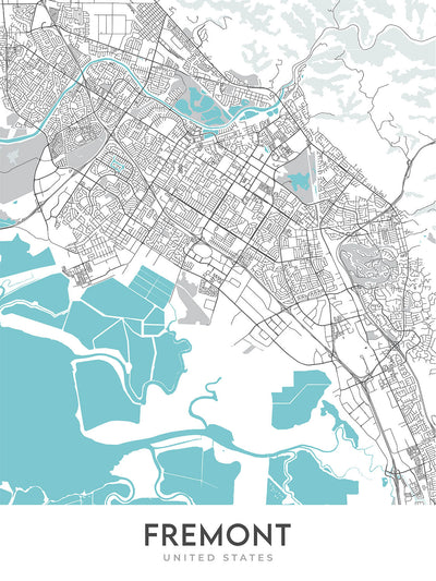 Plan de la ville moderne de Fremont, Californie : Ardenwood, Mission San Jose, Niles Canyon Railway, Tesla Factory, Warm Springs
