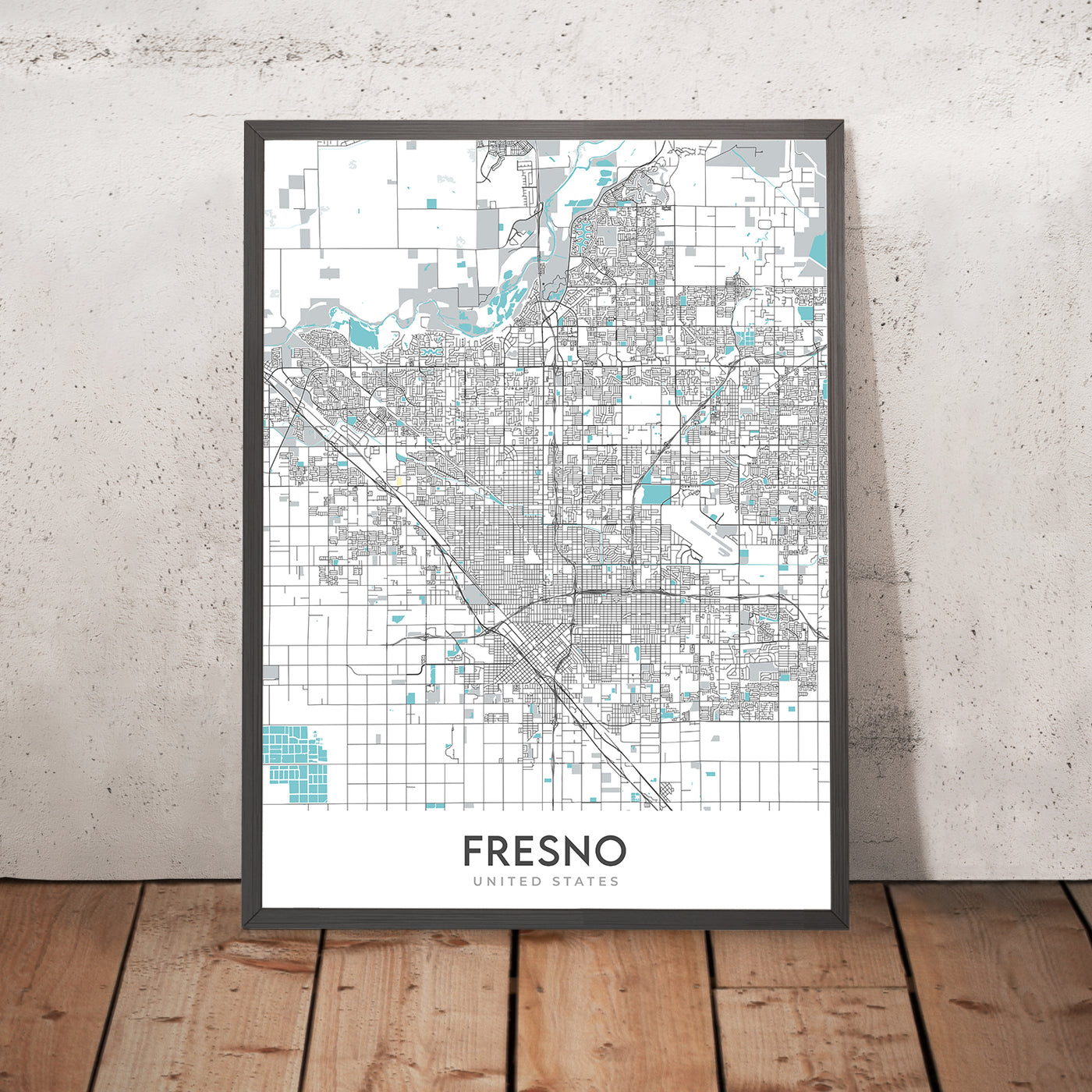 Mapa moderno de la ciudad de Fresno, CA: centro, zoológico Fresno Chaffee, Woodward Park, Fig Garden Village, Save Mart Center