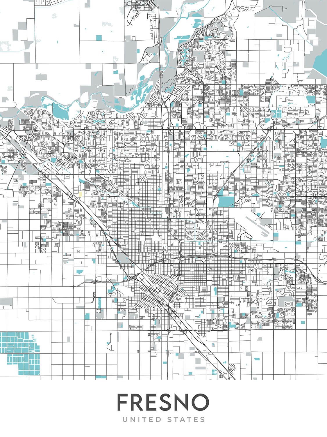 Mapa moderno de la ciudad de Fresno, CA: centro, zoológico Fresno Chaffee, Woodward Park, Fig Garden Village, Save Mart Center