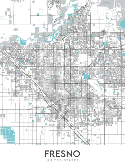 Mapa moderno de la ciudad de Fresno, CA: centro, zoológico Fresno Chaffee, Woodward Park, Fig Garden Village, Save Mart Center
