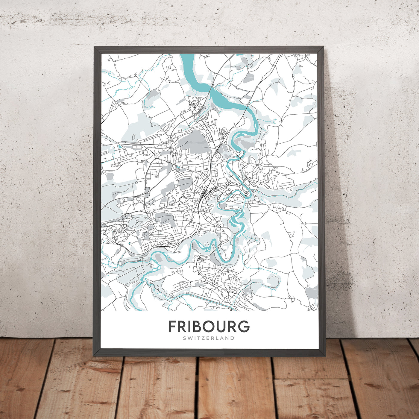 Mapa moderno de la ciudad de Friburgo, Suiza: Altstadt, Cathédrale Saint-Pierre, Jet d'Eau, Palais des Nations, Parc des Eaux-Vives