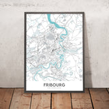 Moderne Stadtkarte von Fribourg, Schweiz: Altstadt, Kathedrale Saint-Pierre, Jet d'Eau, Palais des Nations, Parc des Eaux-Vives 