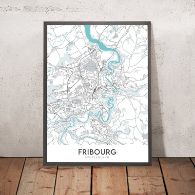 Mapa moderno de la ciudad de Friburgo, Suiza: Altstadt, Cathédrale Saint-Pierre, Jet d'Eau, Palais des Nations, Parc des Eaux-Vives