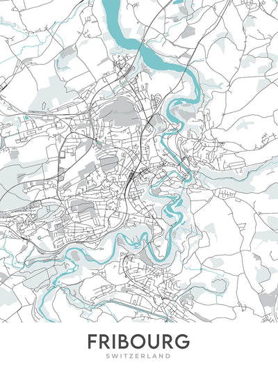 Mapa moderno de la ciudad de Friburgo, Suiza: Altstadt, Cathédrale Saint-Pierre, Jet d'Eau, Palais des Nations, Parc des Eaux-Vives
