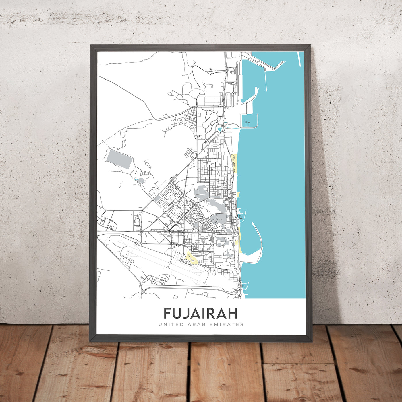 Plan de la ville moderne de Fujairah, Émirats arabes unis : forts, musées et littoral