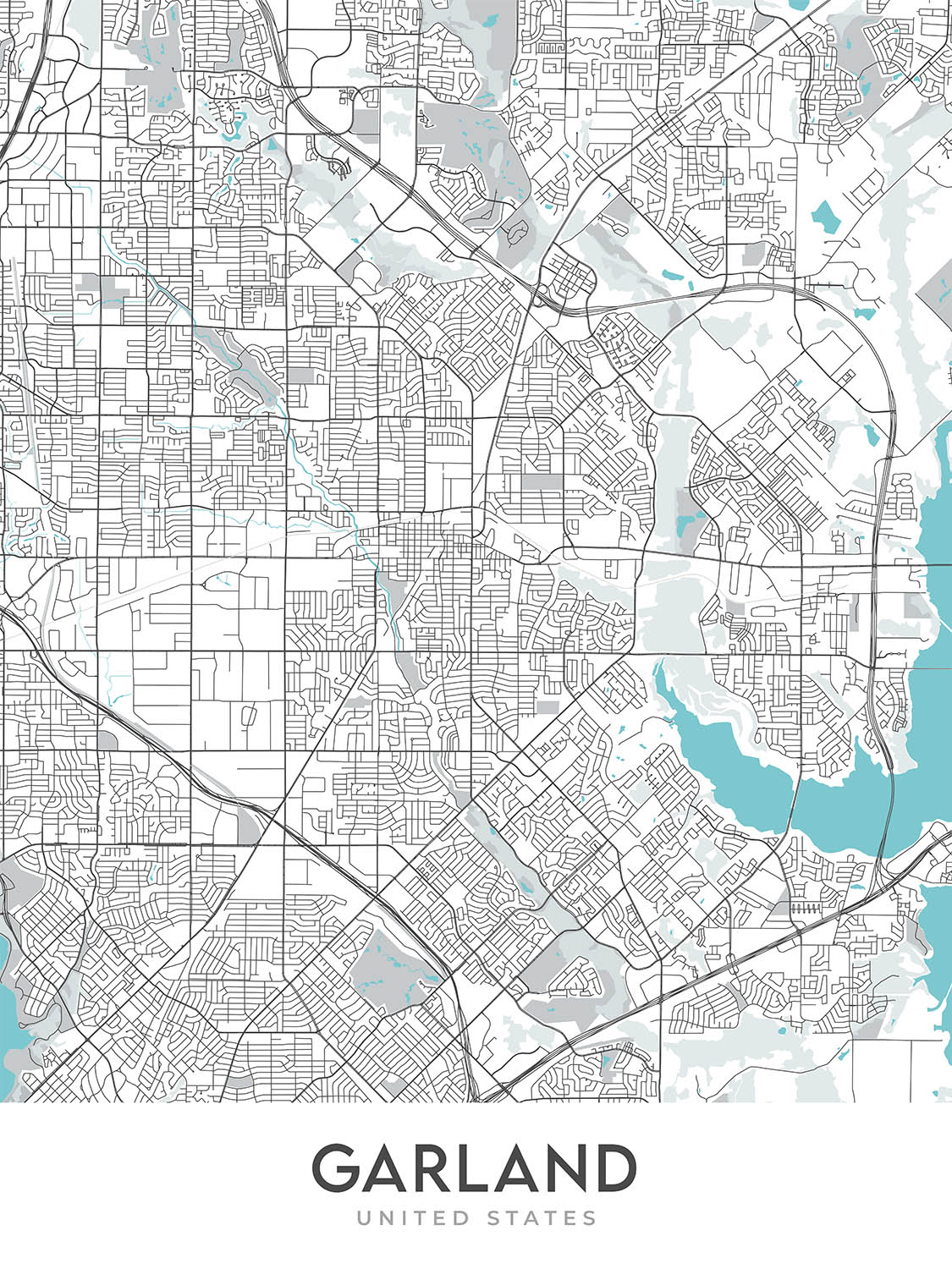 Plan de la ville moderne de Garland, Texas : Buckingham, Duck Creek, Firewheel, Granville Arts District, Lake Highlands