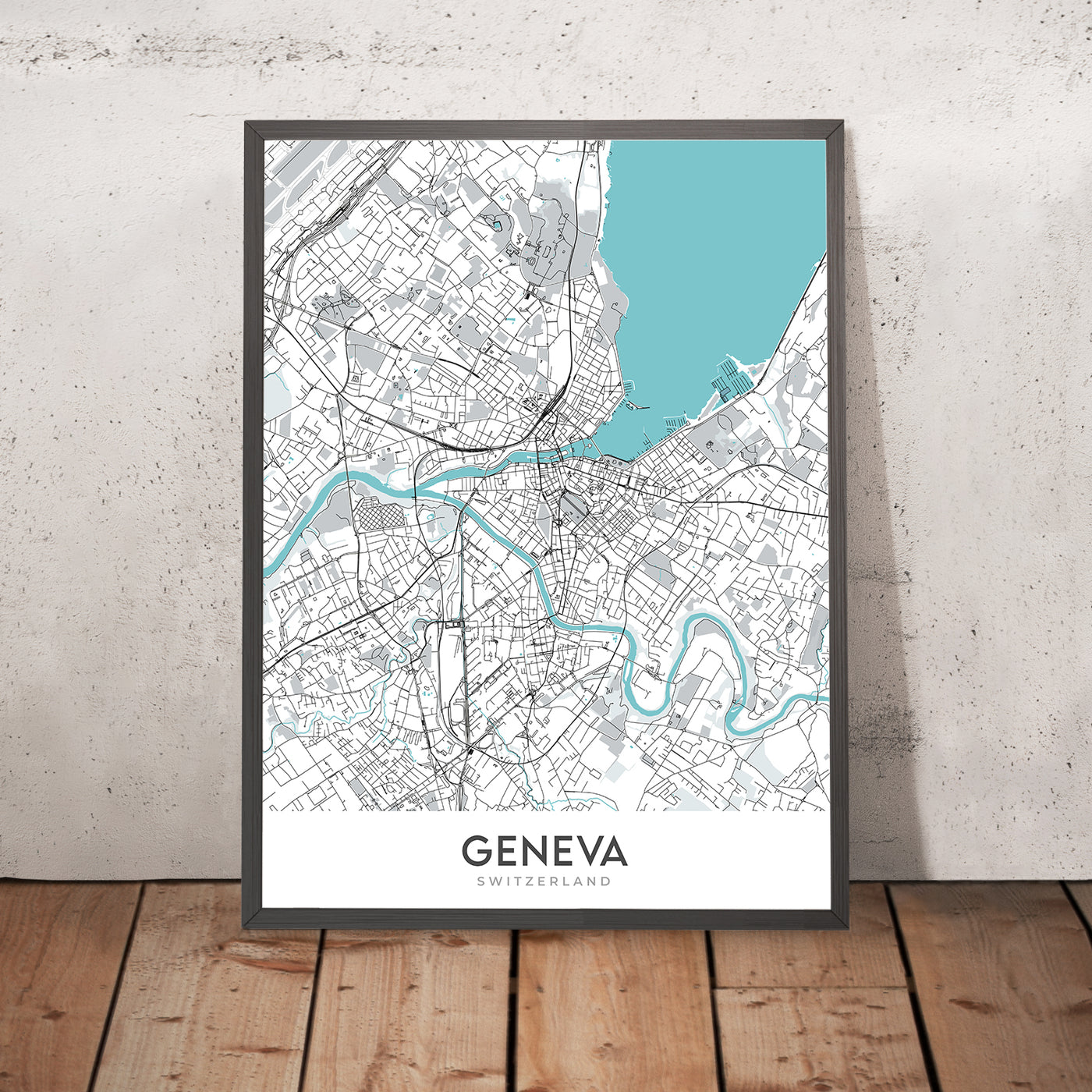 Modern City Map of Geneva, Switzerland: Jet d'Eau, Palais des Nations, CERN, Lake Geneva, Old Town