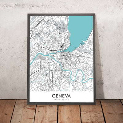 Modern City Map of Geneva, Switzerland: Jet d'Eau, Palais des Nations, CERN, Lake Geneva, Old Town