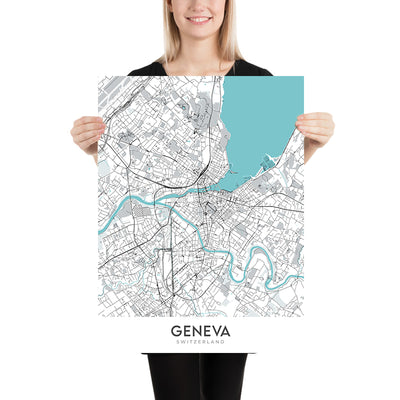 Modern City Map of Geneva, Switzerland: Jet d'Eau, Palais des Nations, CERN, Lake Geneva, Old Town