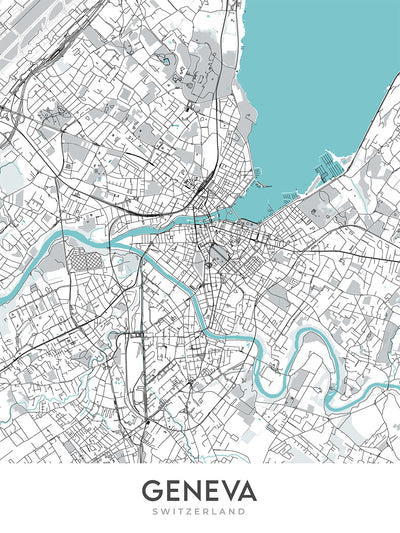 Modern City Map of Geneva, Switzerland: Jet d'Eau, Palais des Nations, CERN, Lake Geneva, Old Town