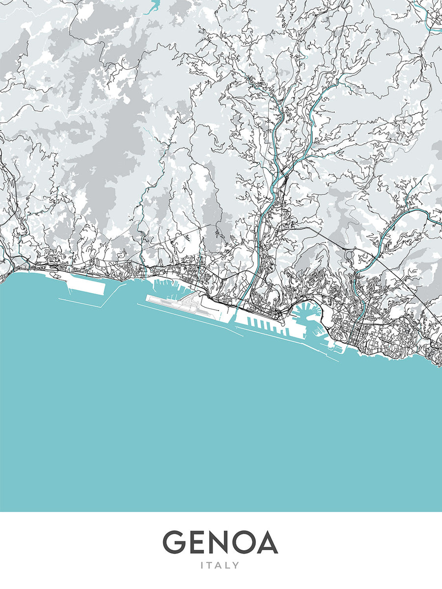 Moderne Stadtkarte von Genua, Italien: Castelletto, Foce, Marassi, Oregina, Pegli 
