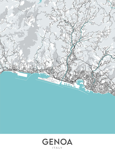 Mapa moderno de la ciudad de Génova, Italia: Castelletto, Foce, Marassi, Oregina, Pegli