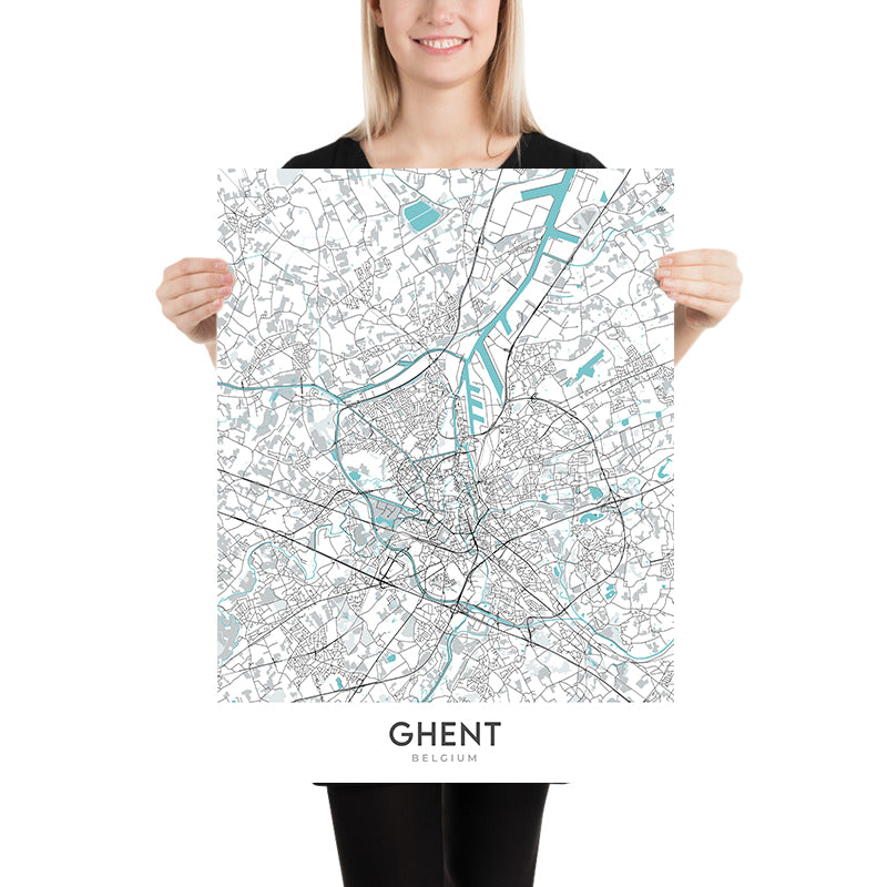 Mapa moderno de la ciudad de Gante, Bélgica: campanario, castillo, catedral, Gravensteen, Korenmarkt