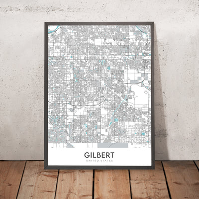 Plan de la ville moderne de Gilbert, Arizona : Gilbert, Mesa, Chandler, US 60, SR 87