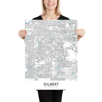 Plan de la ville moderne de Gilbert, Arizona : Gilbert, Mesa, Chandler, US 60, SR 87