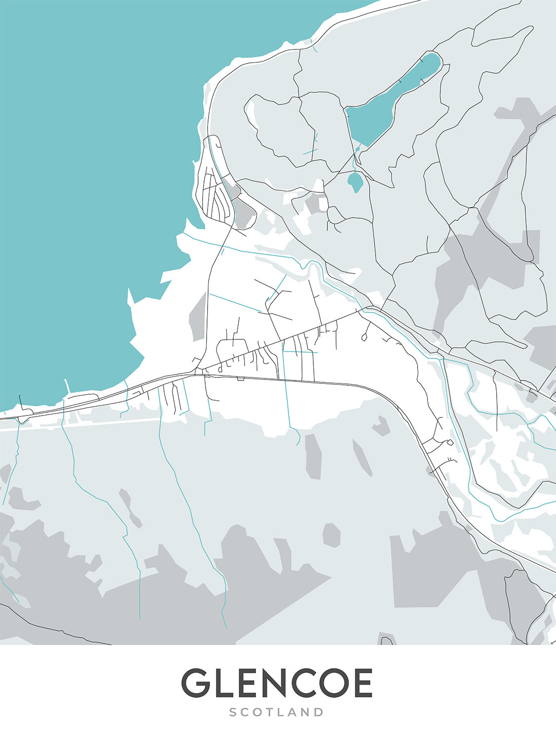 Modern Town Map of Glencoe, Scotland: Village, River Coe, A82, Lochan, Folk Museum