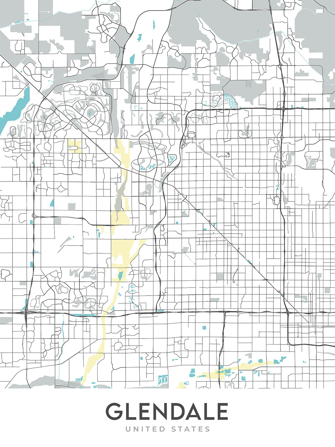 Carte moderne de la ville de Glendale, AZ : Arrowhead Ranch, State Farm Stadium, Westgate, District des sports et du divertissement, Route d'État 101 