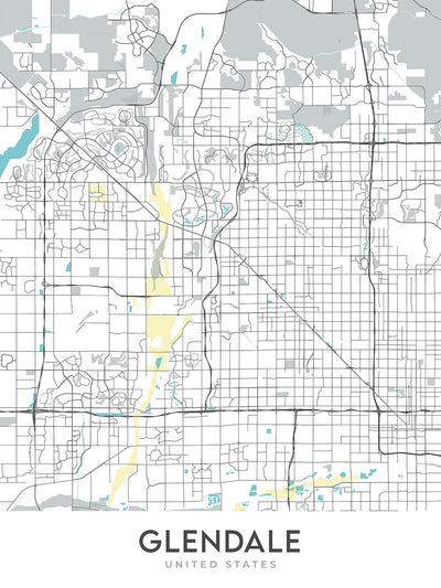Carte moderne de la ville de Glendale, AZ : Arrowhead Ranch, State Farm Stadium, Westgate, District des sports et du divertissement, Route d'État 101 