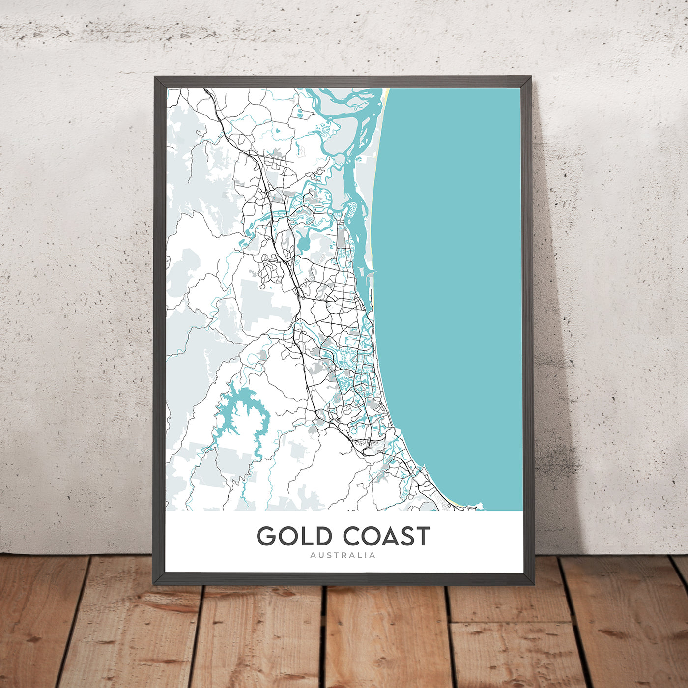 Mapa moderno de la ciudad de Gold Coast, Australia: Surfers Paradise, Broadbeach, Sea World, Dreamworld, Pacific Motorway