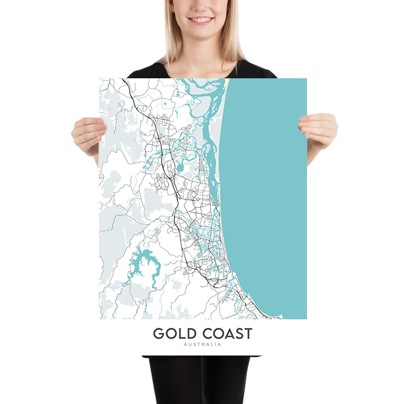 Mapa moderno de la ciudad de Gold Coast, Australia: Surfers Paradise, Broadbeach, Sea World, Dreamworld, Pacific Motorway