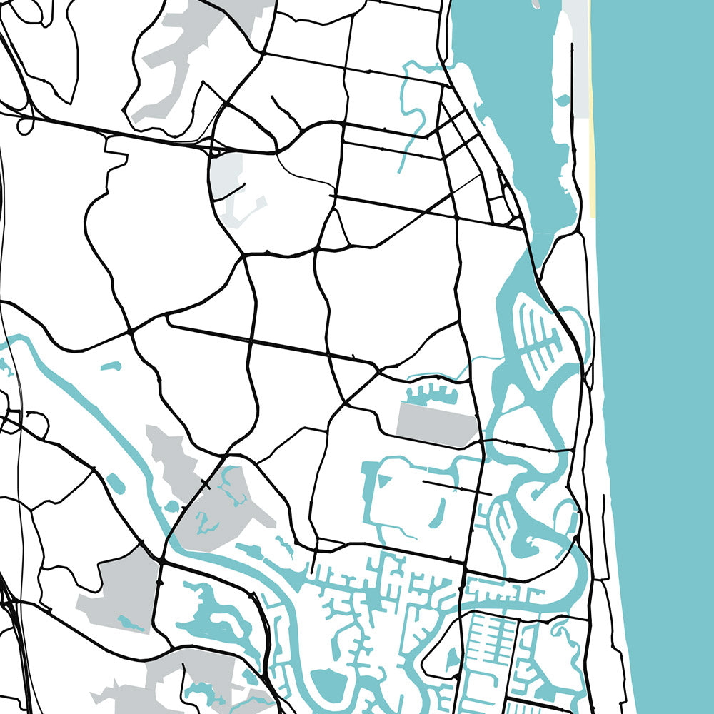 Mapa moderno de la ciudad de Gold Coast, Australia: Surfers Paradise, Broadbeach, Sea World, Dreamworld, Pacific Motorway