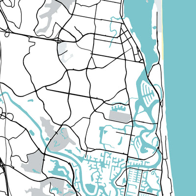 Mapa moderno de la ciudad de Gold Coast, Australia: Surfers Paradise, Broadbeach, Sea World, Dreamworld, Pacific Motorway