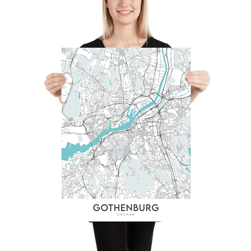 Mapa moderno de la ciudad de Gotemburgo, Suecia: Haga, Liseberg, Catedral, Ópera, Universeum